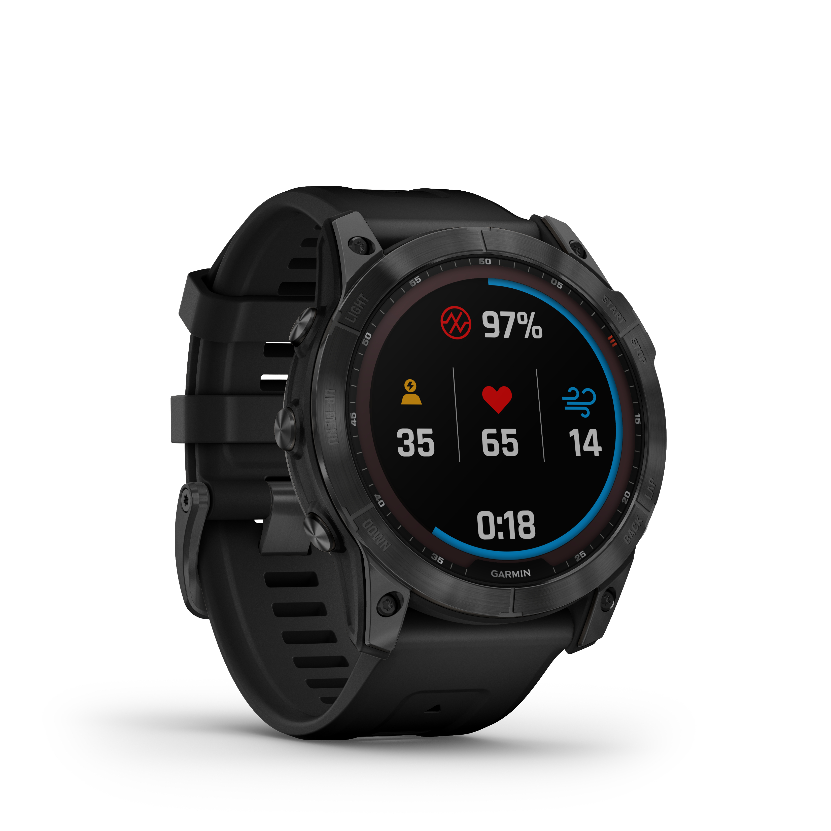 Schwarze Garmin Smartwatch mit Gesundheitsdaten: Herzfrequenz, Aktivität und Zeit.
