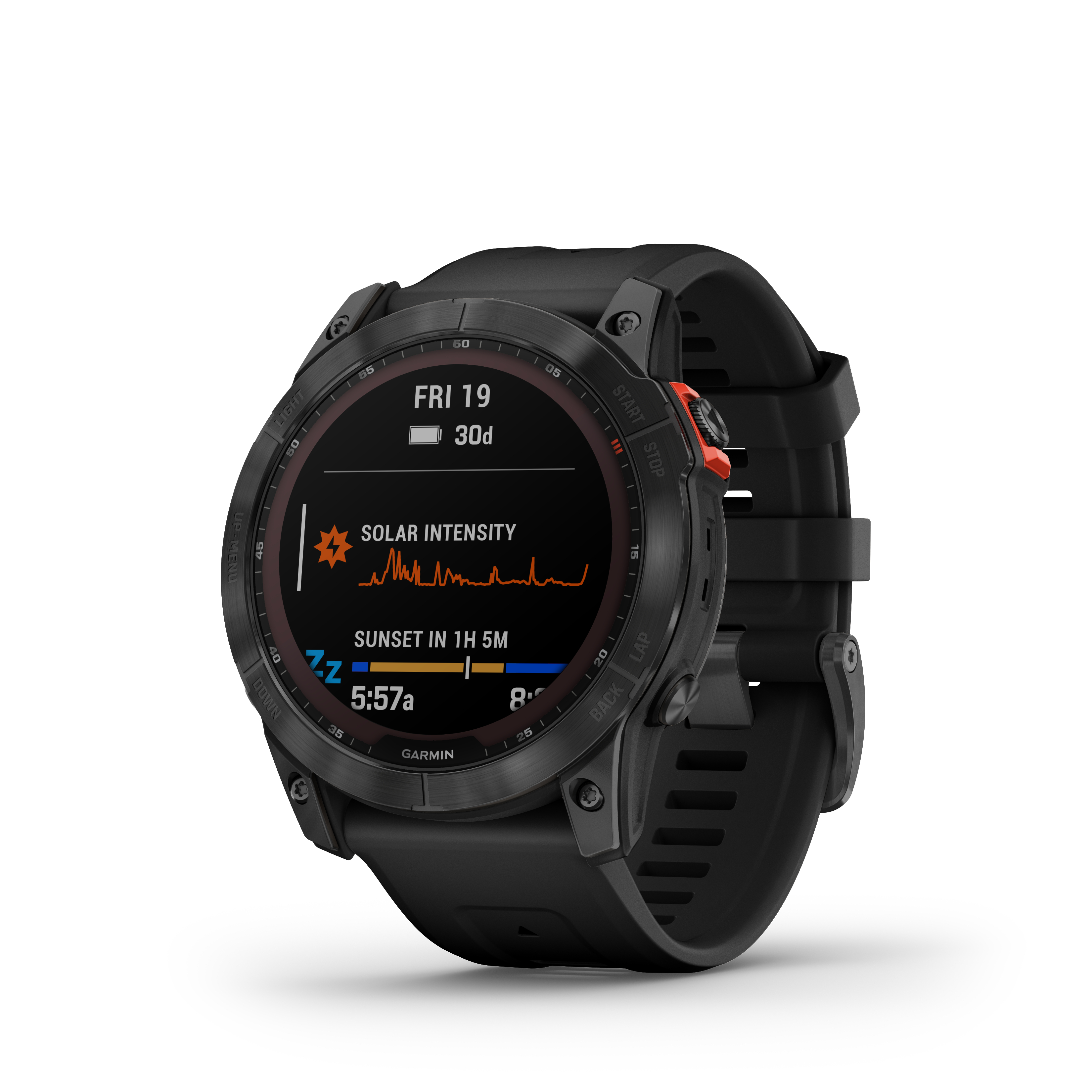 Schwarze Smartwatch mit rundem Display. Zeigt Sonnenuntergang, Sonnenintensität und Zeit.