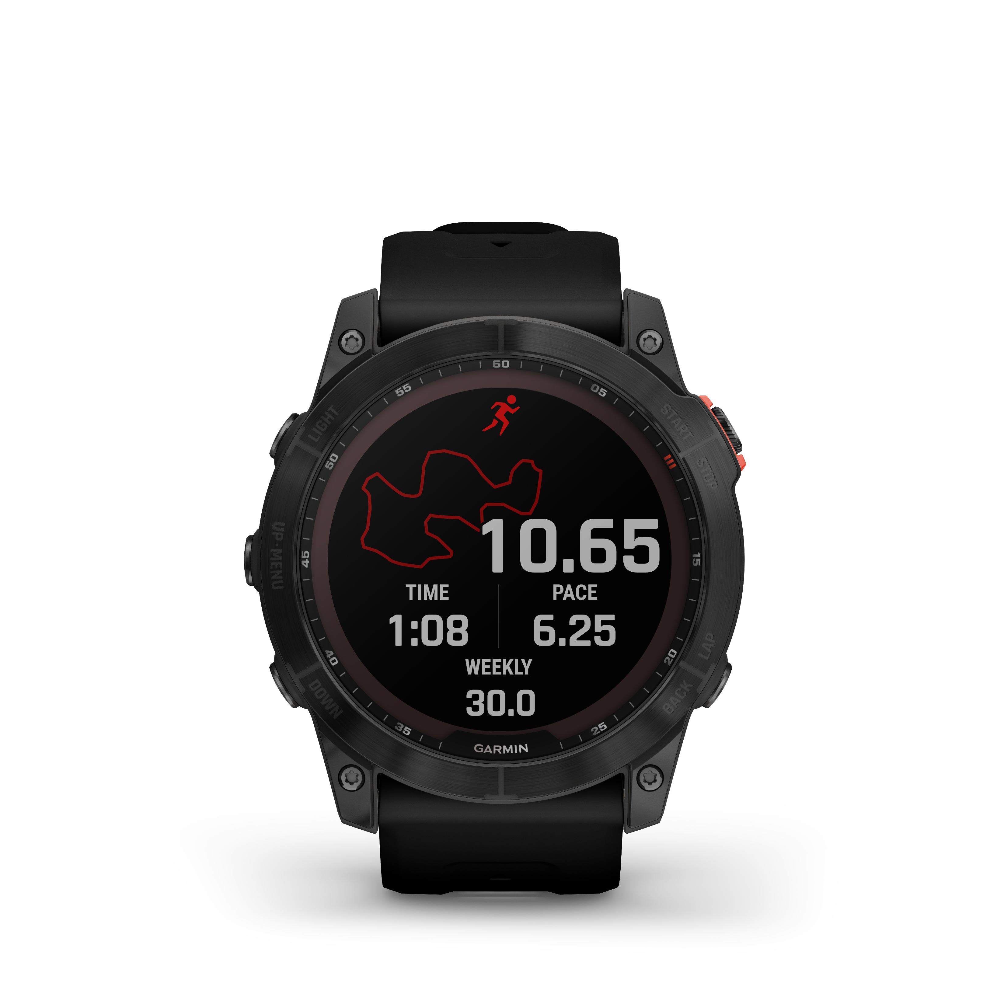 Garmin-Sportuhr mit Anzeige von Zeit, Tempo und Karte eines Laufs. Schwarzes Armband.
