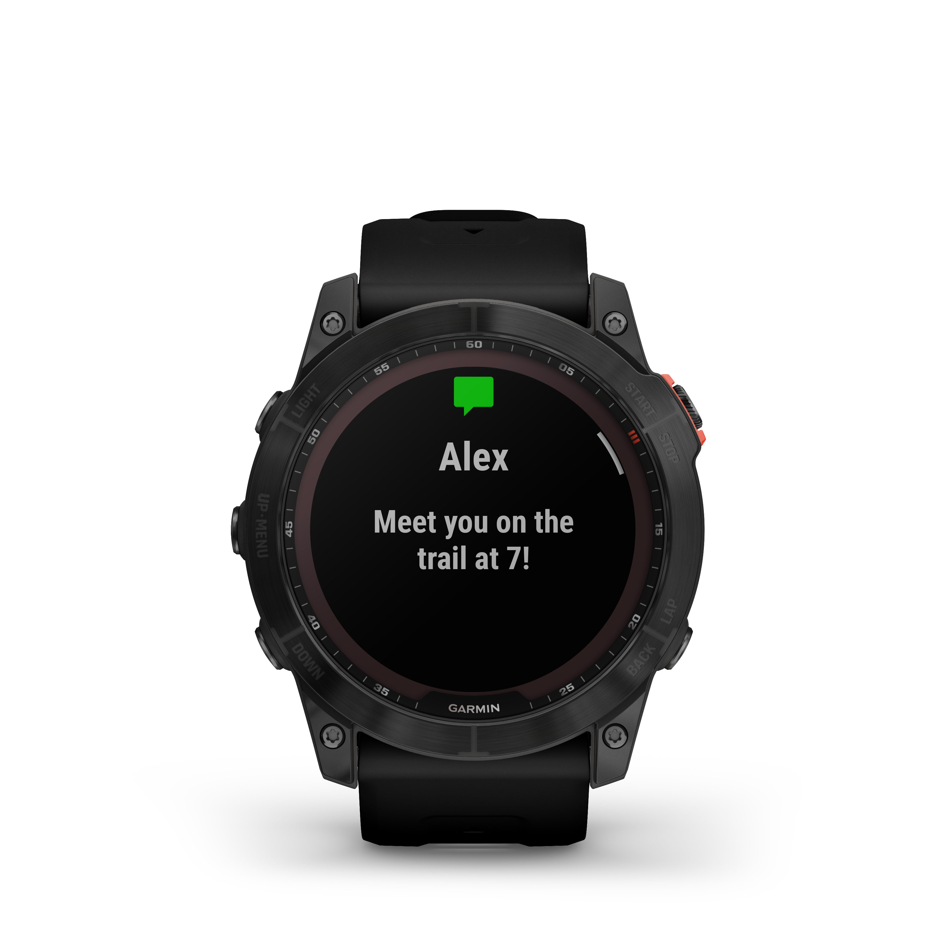 Eine Garmin Smartwatch, die eine Nachricht anzeigt: 'Alex, Wir treffen uns um 7 auf dem Trail!'.