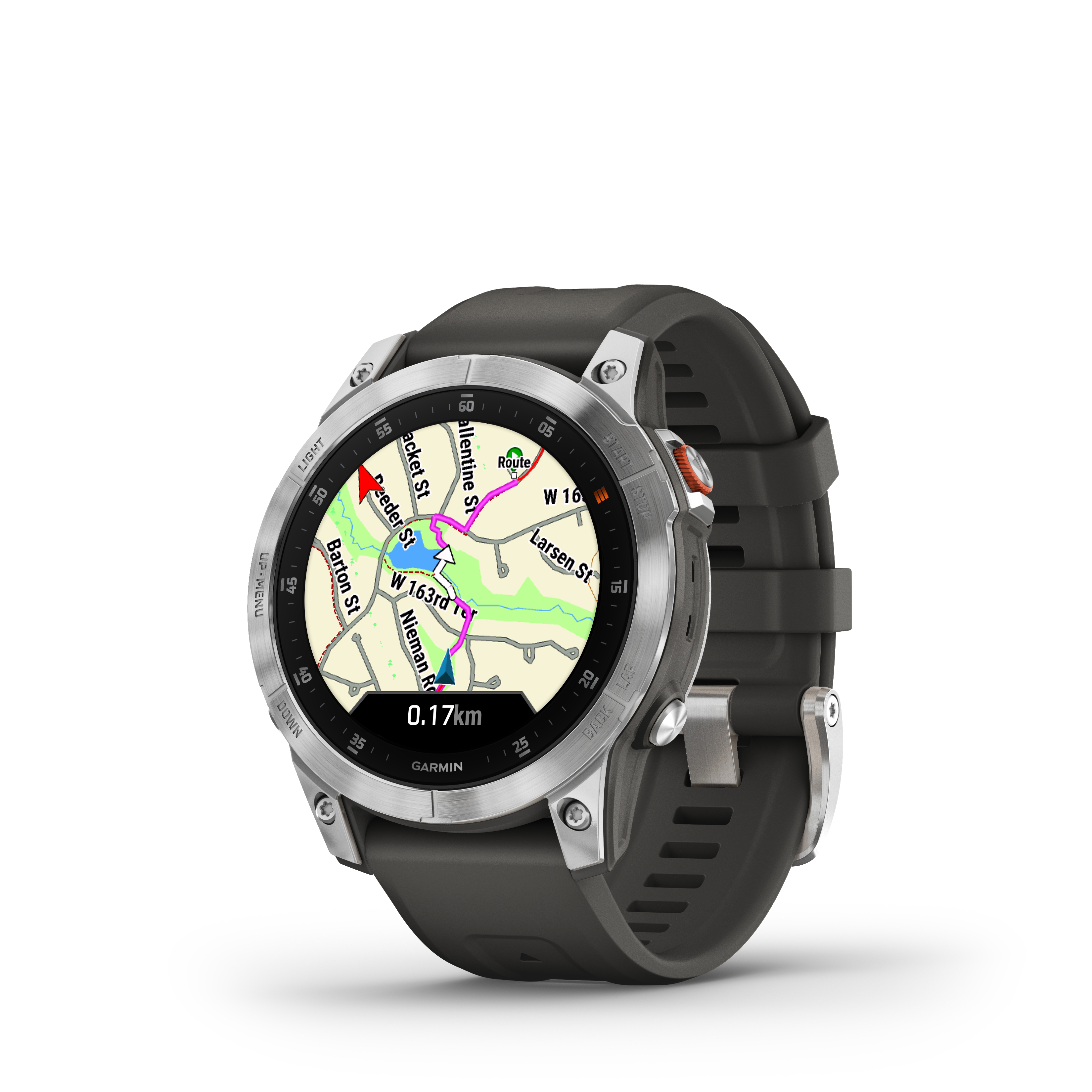 Garmin Smartwatch mit Kartenanzeige, die eine Route und Entfernung zeigt.