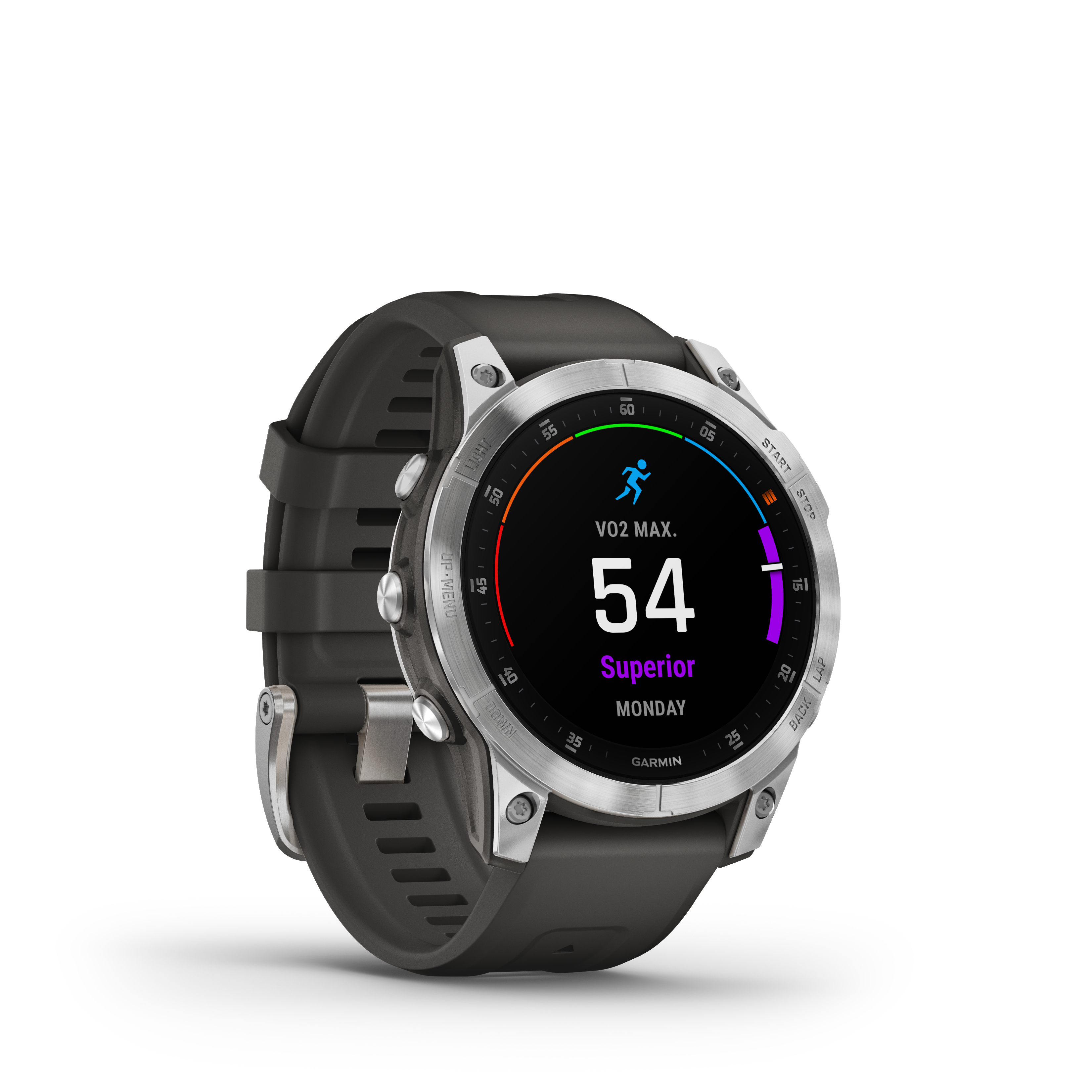 Schwarze und silberne Garmin Smartwatch mit VO2 Max Daten. Das Display zeigt 'Superior'.