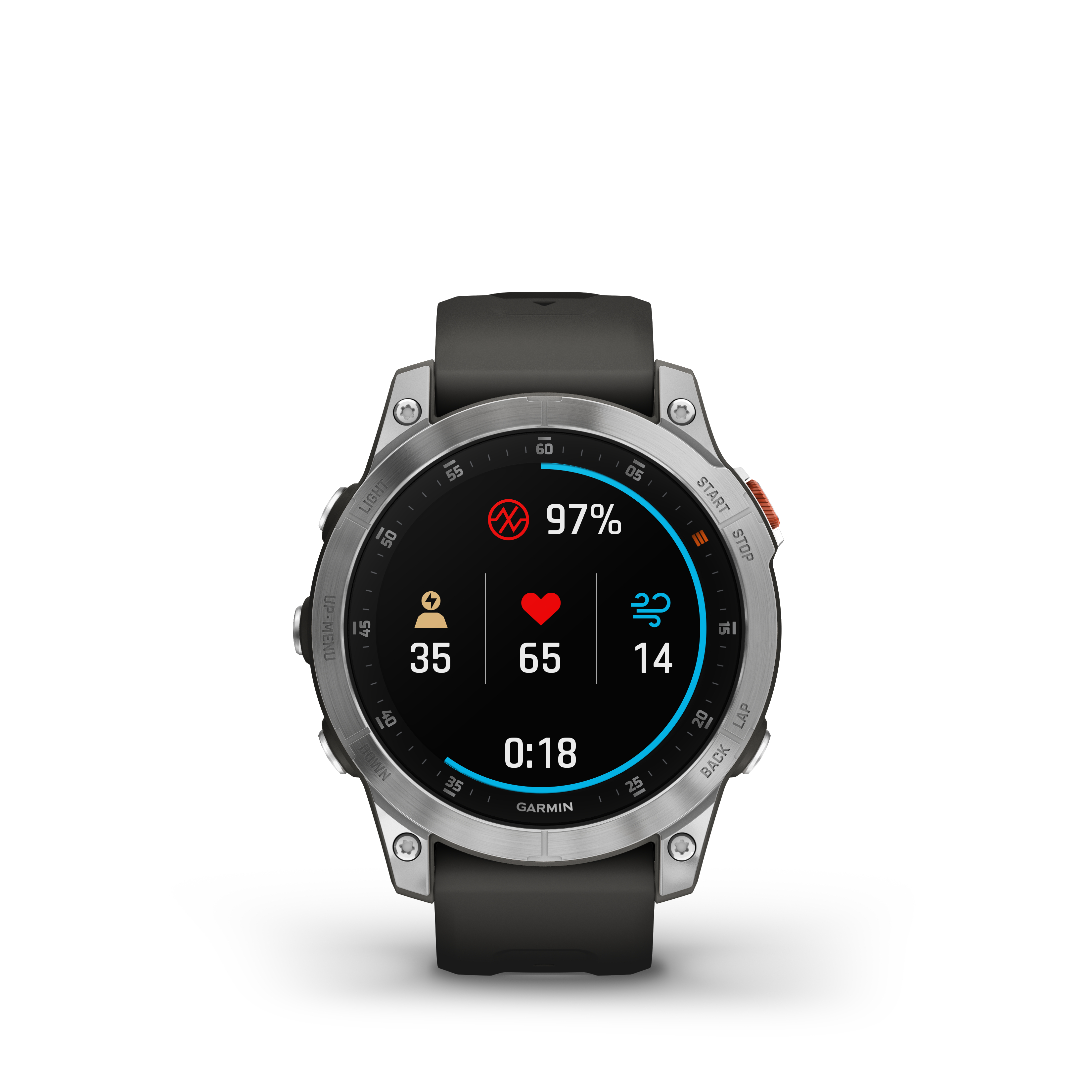 Garmin-Smartwatch zeigt Herzfrequenz, 97 %, 35, 65, 14 und Zeit 0:18.