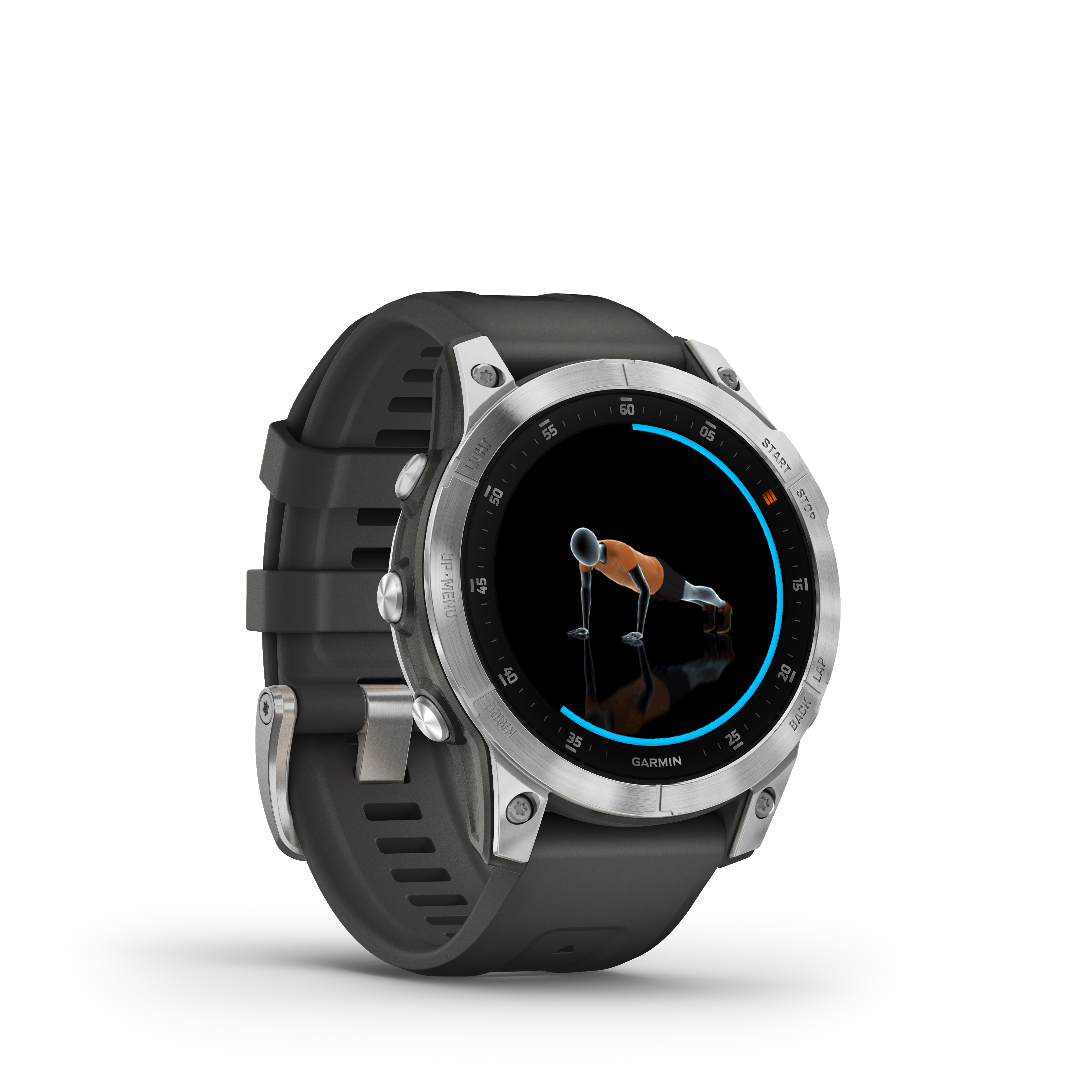 Eine Garmin-Smartwatch, die eine Übungsanimation anzeigt. Die Uhr ist schwarz und silber.