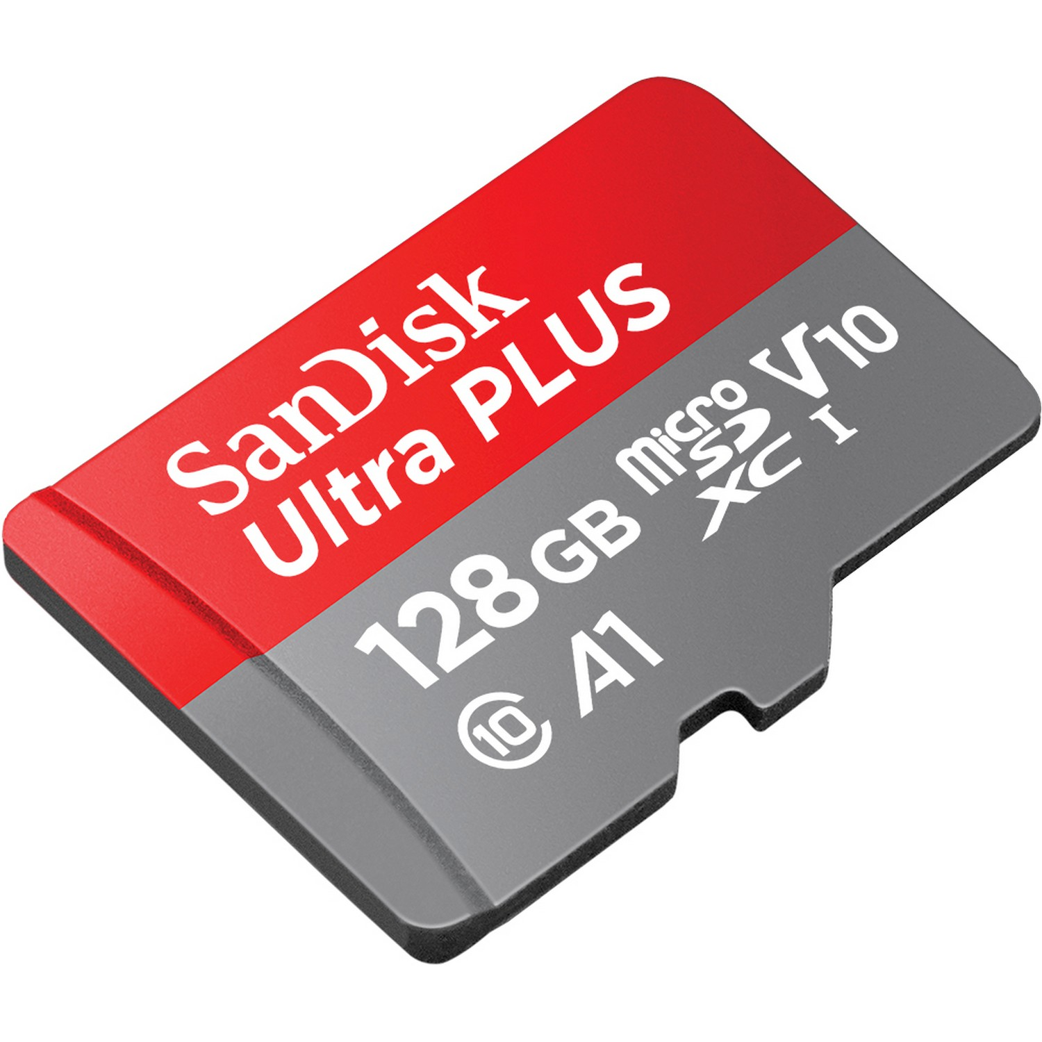 Tarjeta microSD SanDisk Ultra PLUS de 128 GB roja y gris, con texto blanco, sobre fondo blanco.