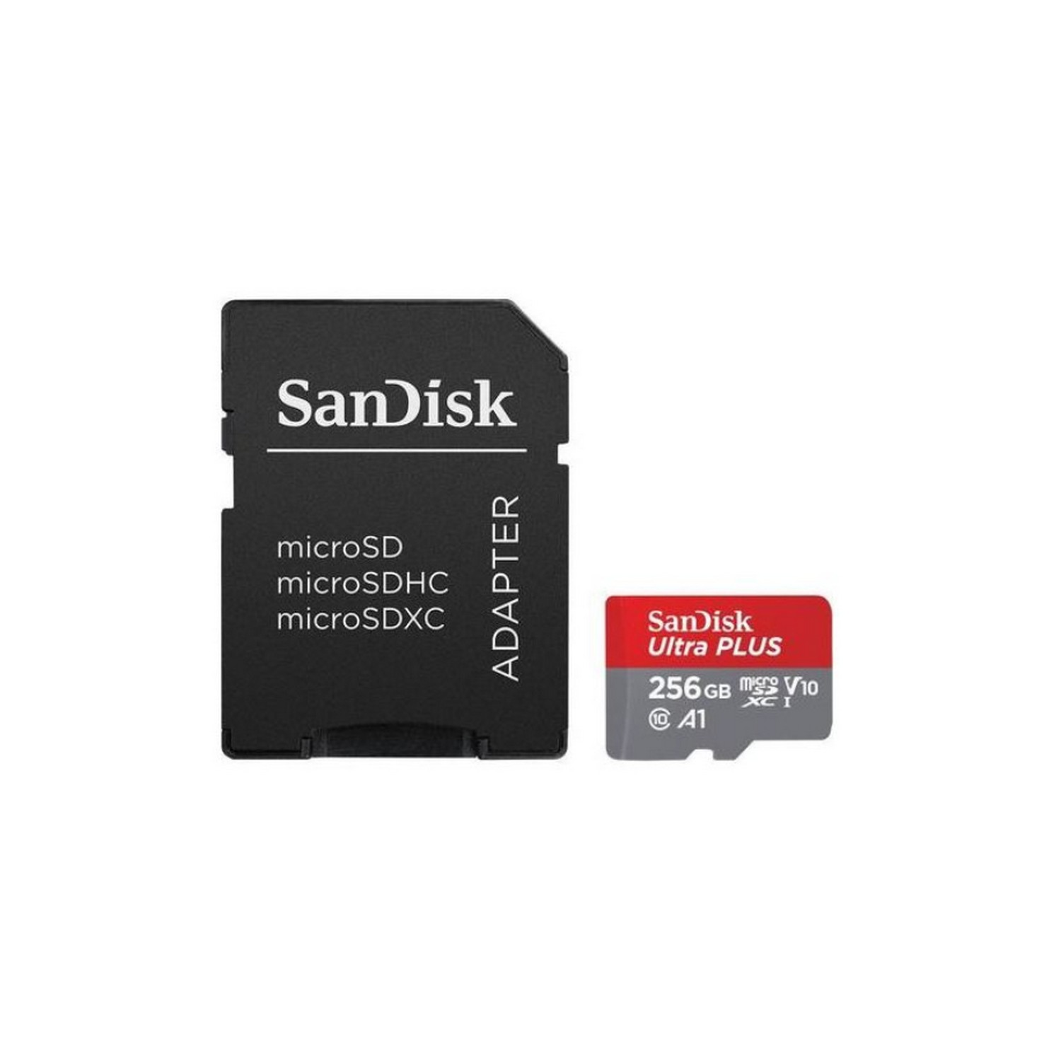 Una tarjeta microSD Sandisk con adaptador. La tarjeta está junto a una microSD más pequeña.