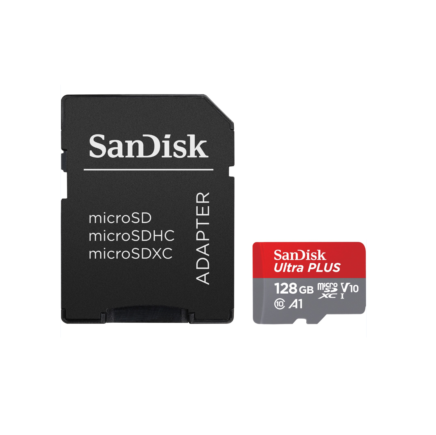 Adaptador negro con tarjeta microSD y una tarjeta microSD SanDisk Ultra PLUS roja y gris.