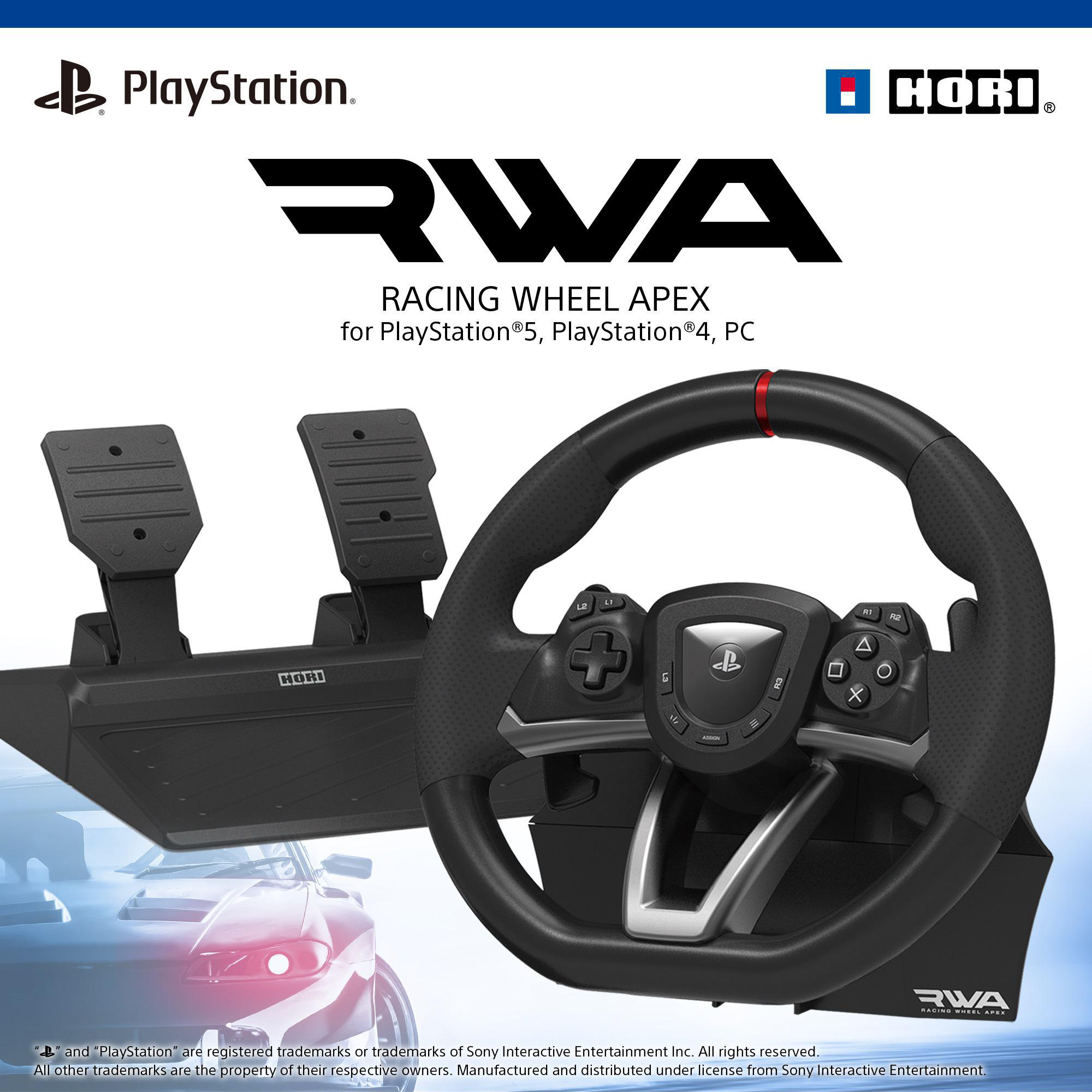 Rennlenkrad- und Pedalset für PlayStation, mit rotem Akzent und PlayStation- und Hori-Logos.