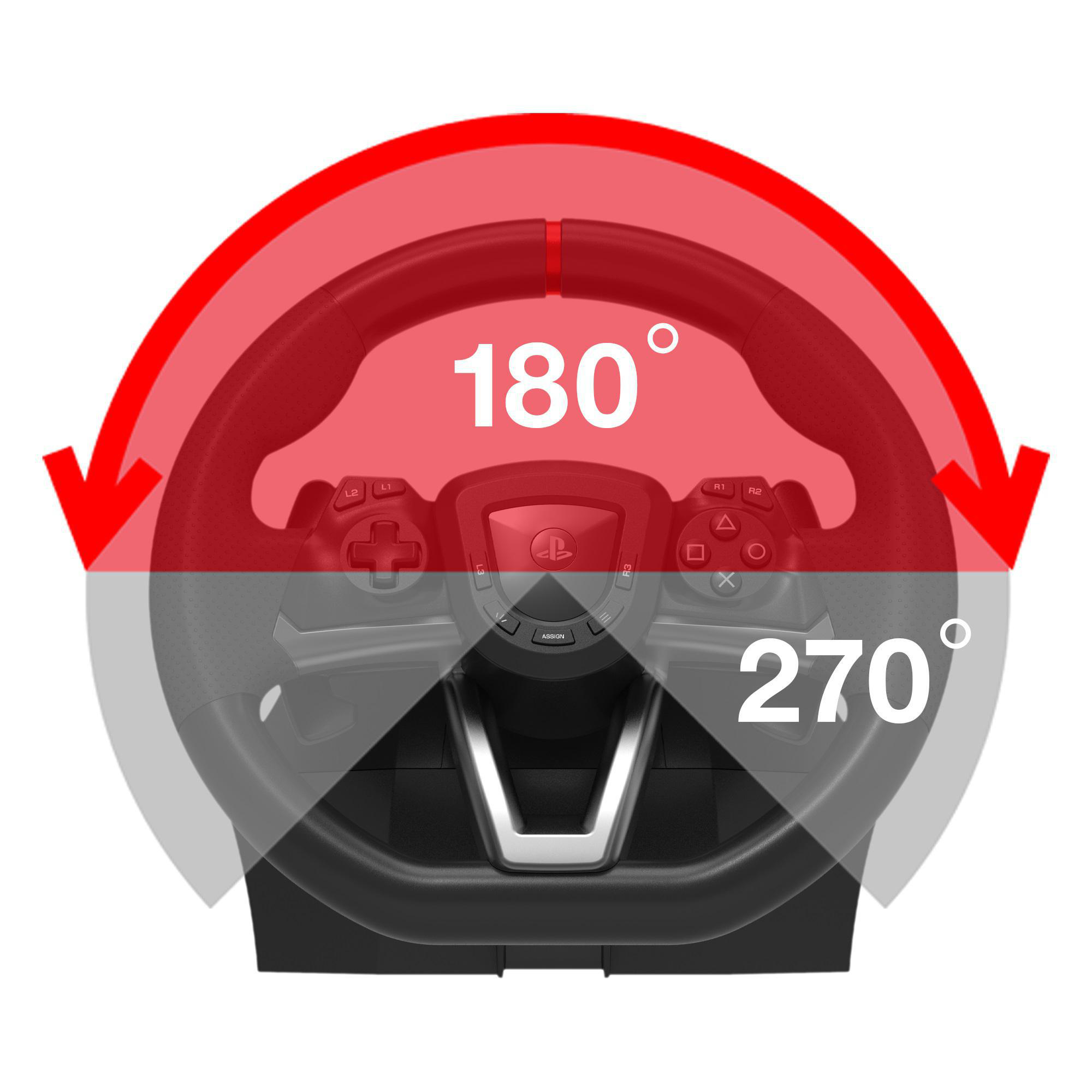 Ein Gaming-Lenkrad mit rot hervorgehobenen Bereichen, die 180° und 270° Drehwinkel anzeigen.