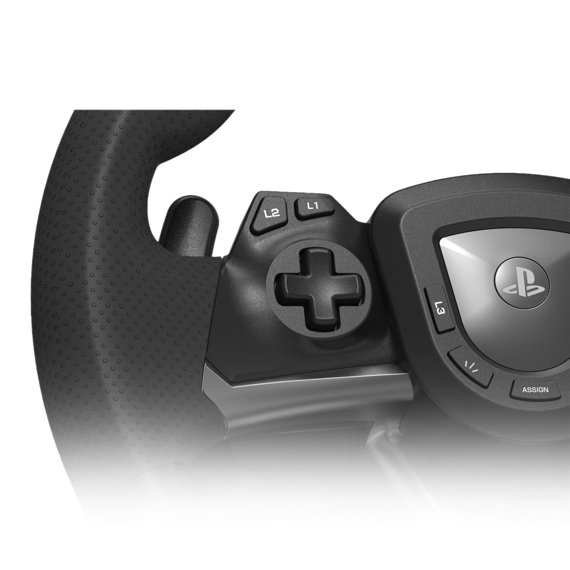 Nahaufnahme eines schwarzen Gaming-Lenkrads mit Tasten und dem PlayStation-Logo.
