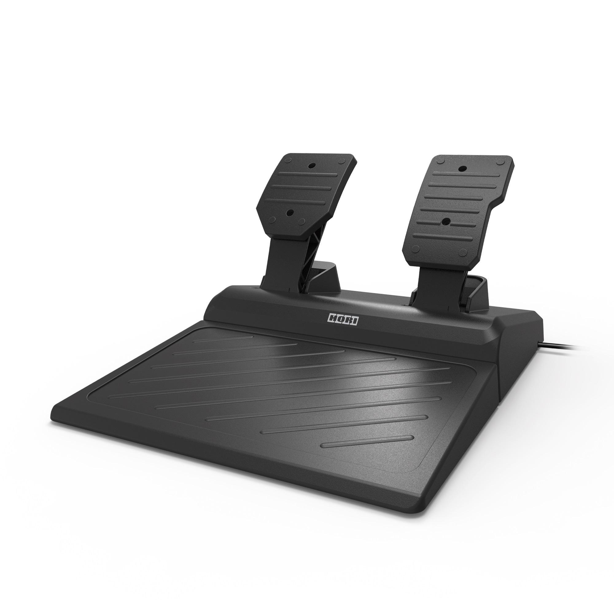 Schwarze Rennsimulator-Pedale mit einer Basis und zwei Pedalen. Das Hori-Logo befindet sich auf der Basis.