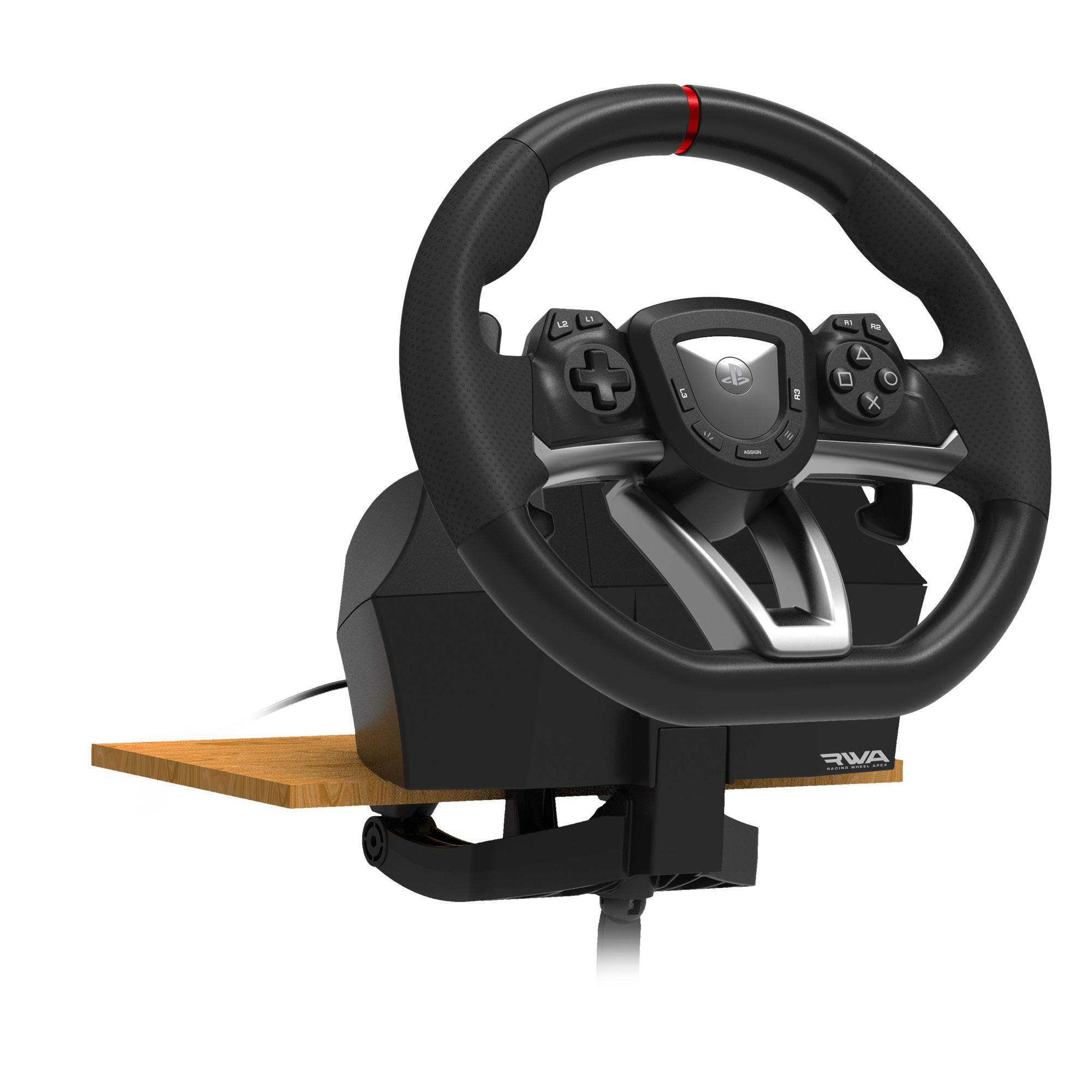 Schwarzes Lenkrad-Gaming-Controller mit Knöpfen, montiert auf einem Holztisch.