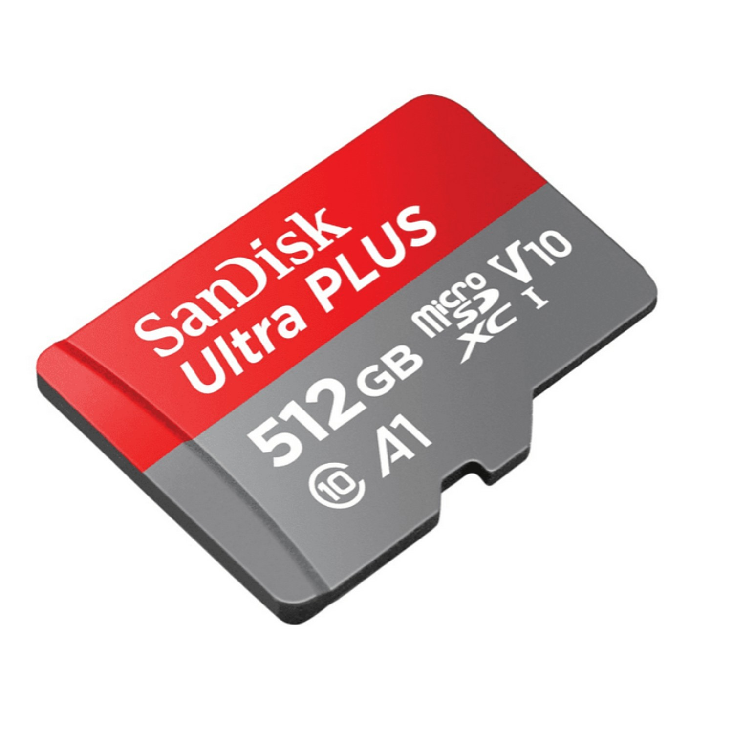 Tarjeta Micro SD SanDisk Ultra Plus. Tapa roja, fondo gris, fondo blanco.