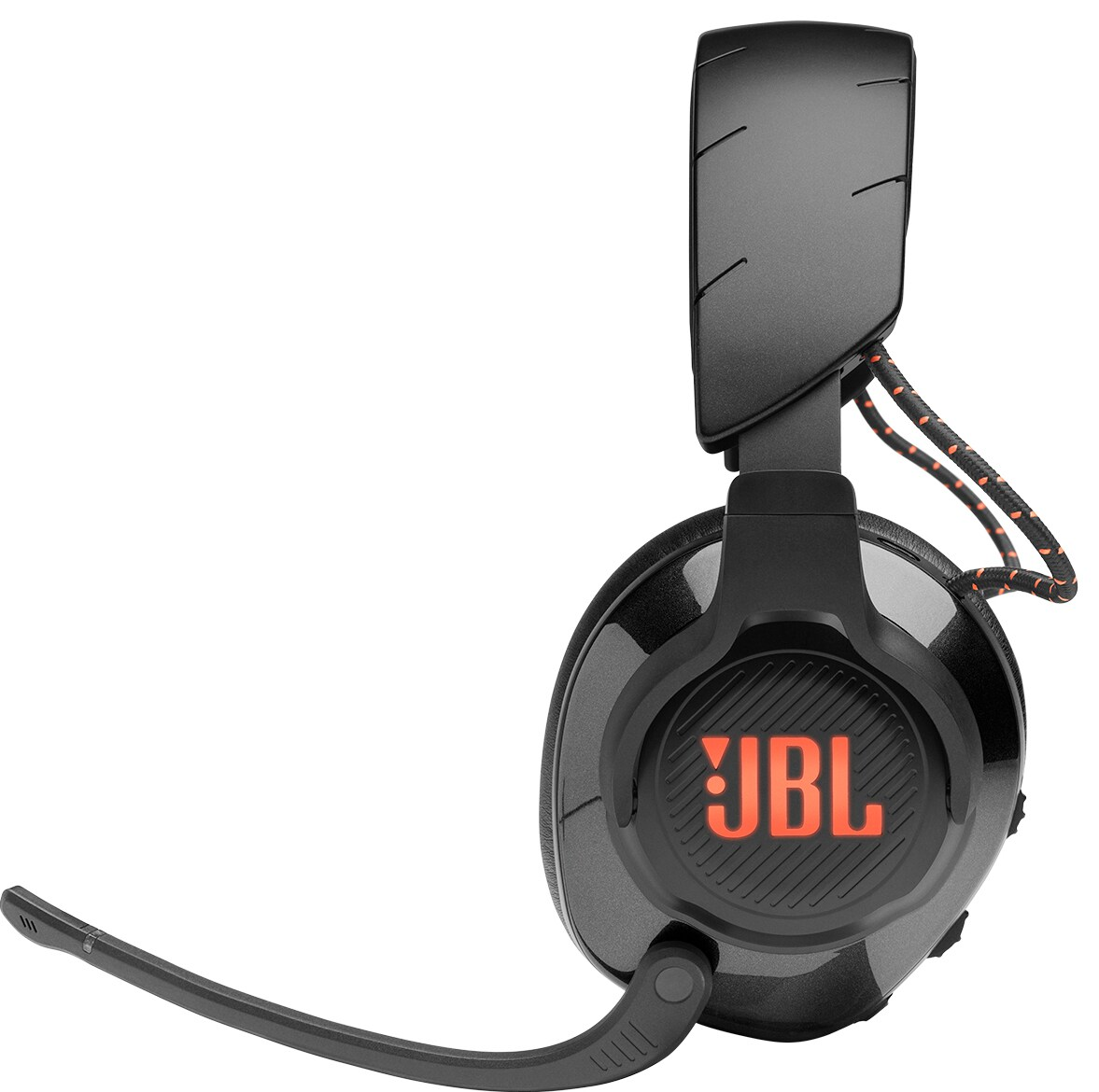 Black JBL gaming headset with orange accents. The JBL logo is prominent on the ear cup.