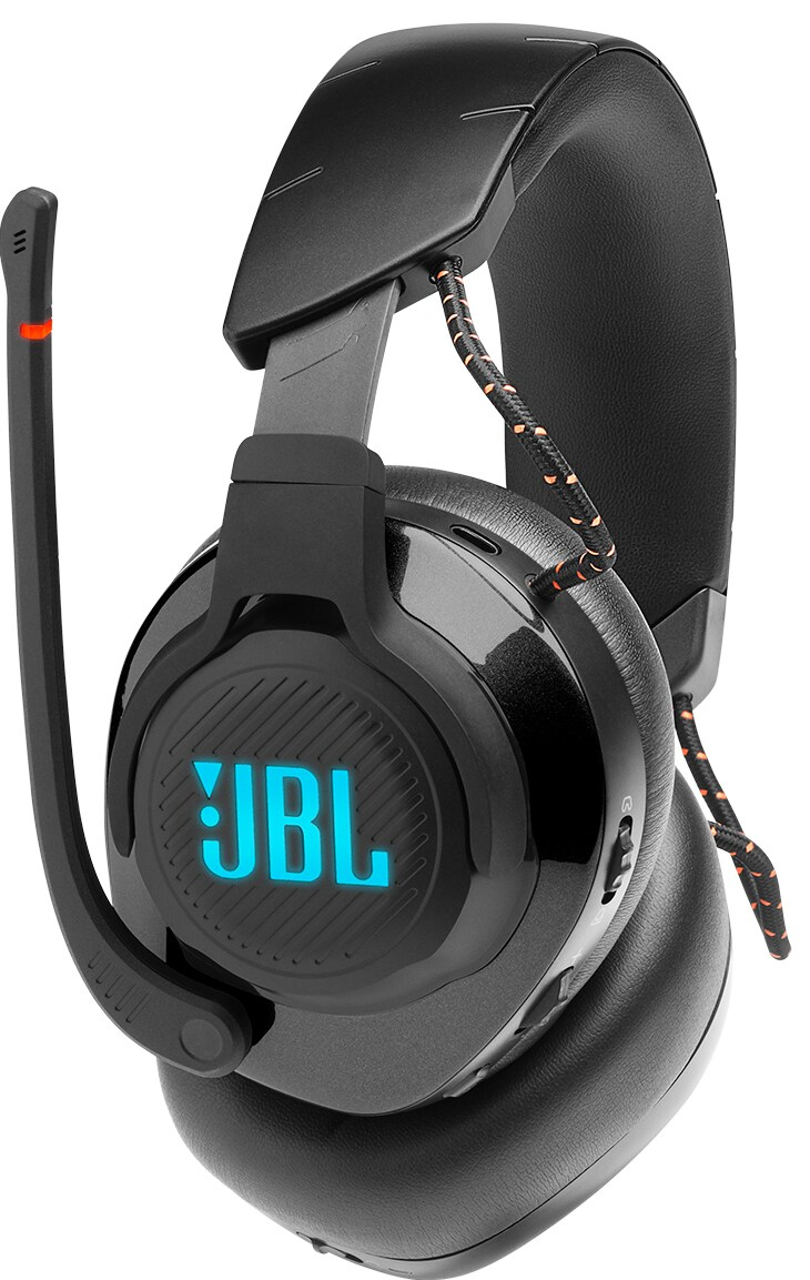 Black JBL gaming headset with a microphone. JBL logo is lit in blue. Black and orange cable.