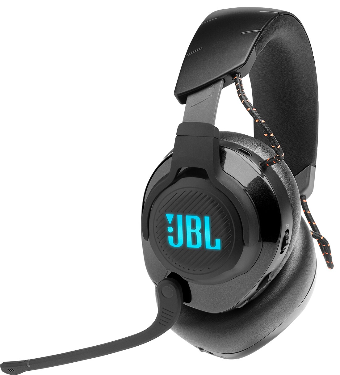Black JBL gaming headset with a microphone. Headband and earcups are black with orange accents.