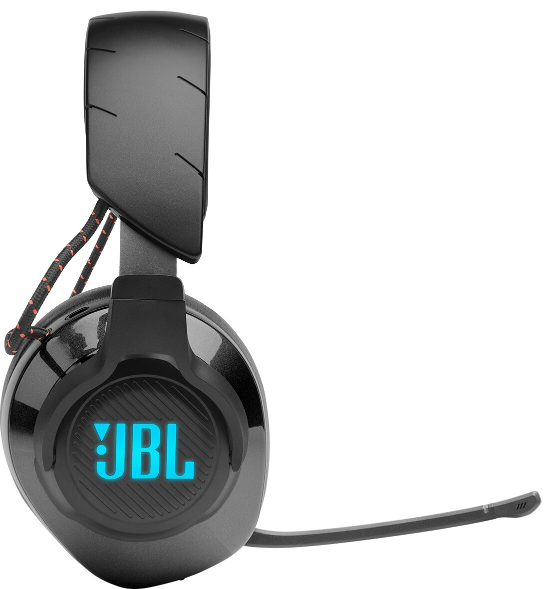 Black JBL gaming headset with a microphone. The JBL logo is visible in blue.