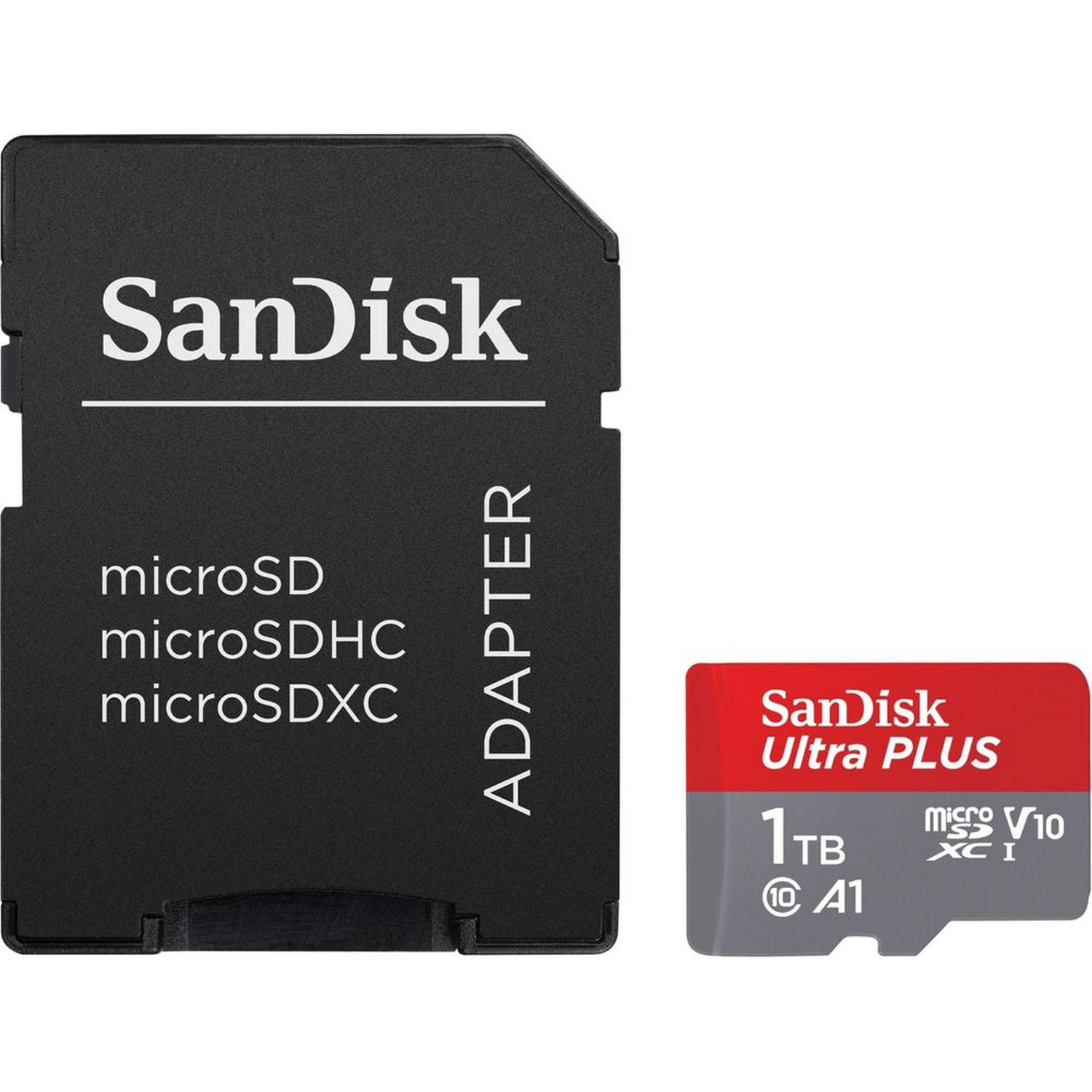 Tarjeta microSD y adaptador SanDisk, con tarjeta Ultra PLUS 1TB roja y blanca y adaptador.