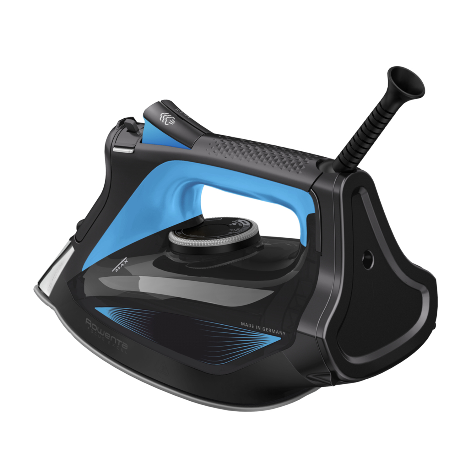 Ferro da stiro nero e blu su sfondo bianco. Marchio Rowenta.