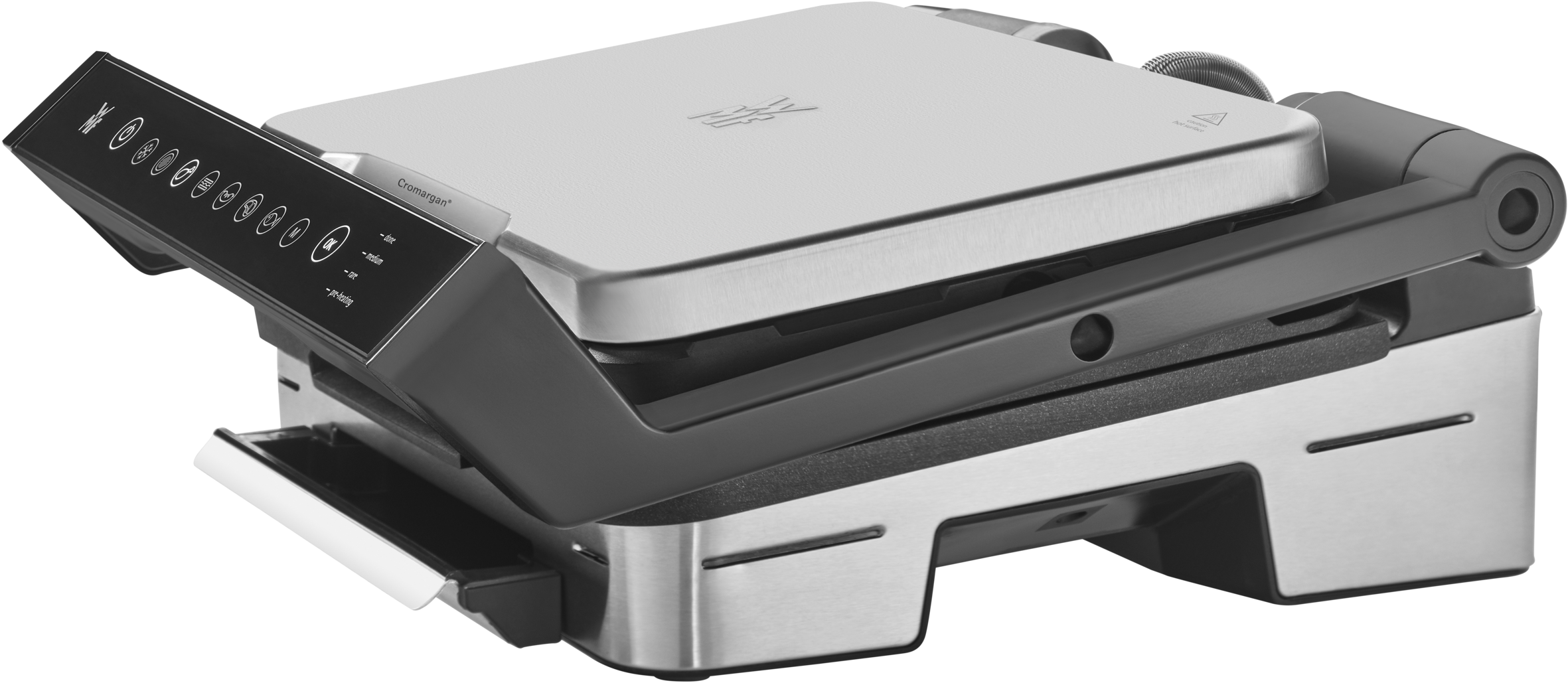 Edelstahlgrill mit Bedienfeld, geöffnet und bereit.