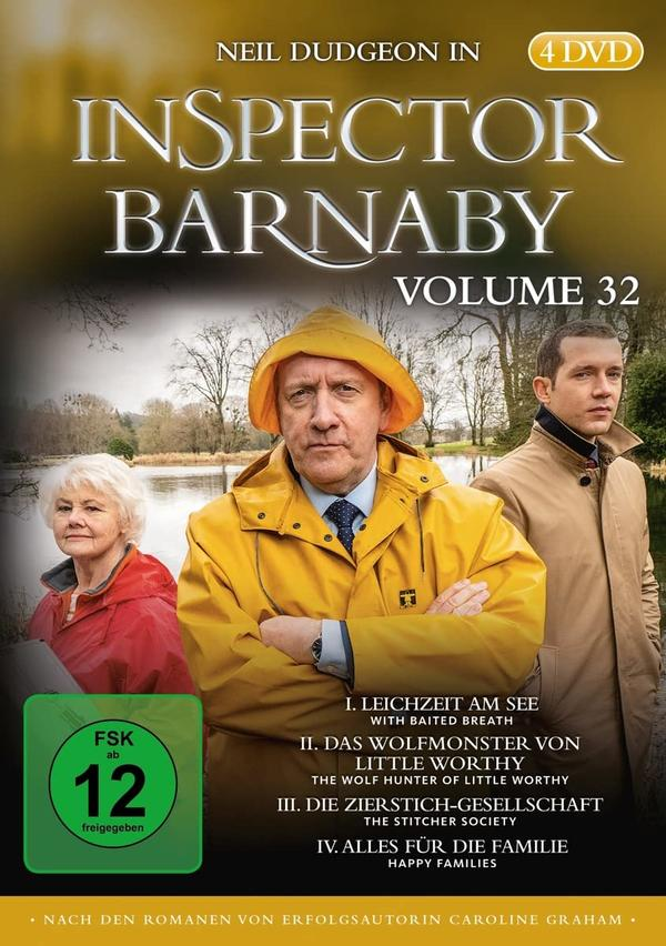 DVD-Cover von Inspector Barnaby, Band 32. Zeigt die Hauptfigur in einem gelben Mantel.