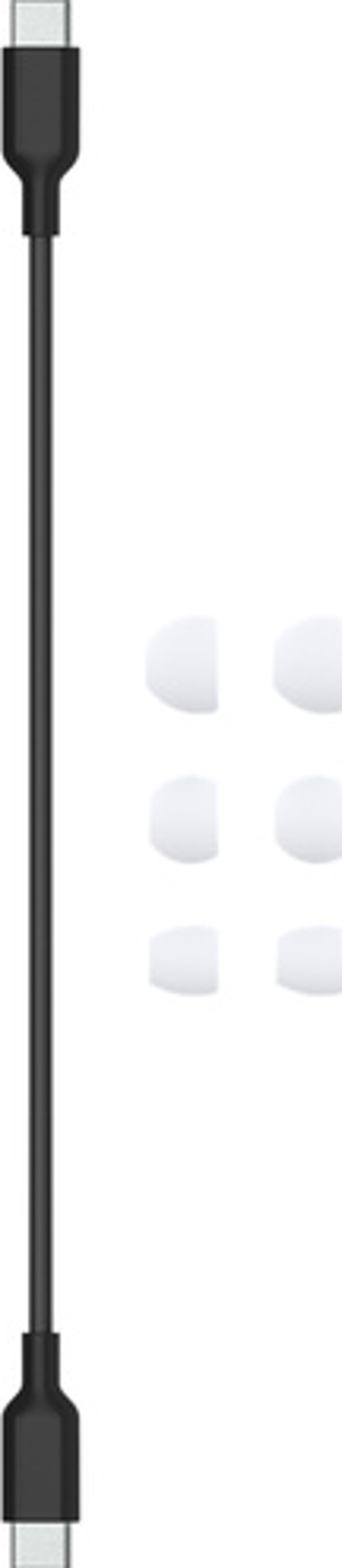 Schwarzes USB-C-Kabel mit zwei Anschlüssen und weißen Ohrstöpseln.