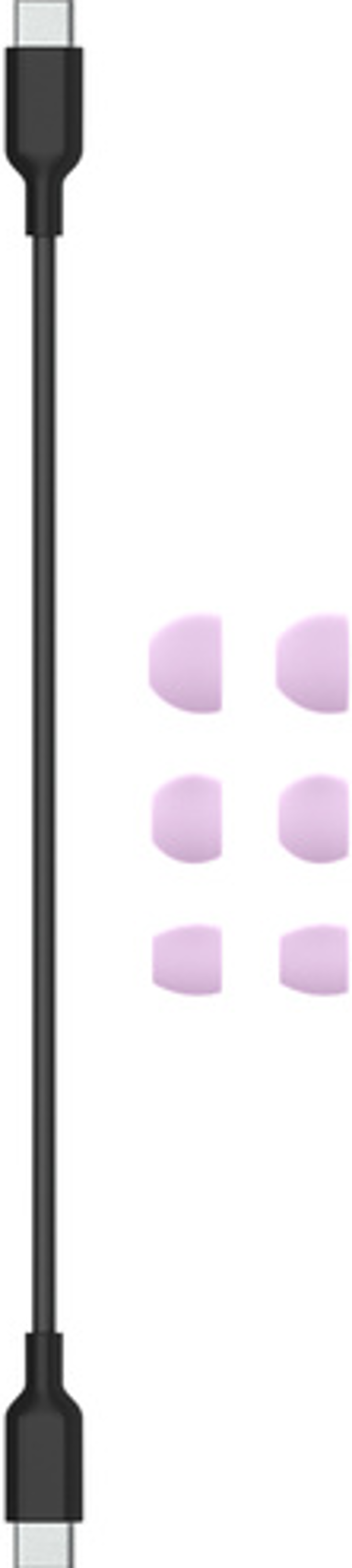 Schwarzes USB-C-Kabel mit zwei Steckern und sechs rosa Ohrstöpseln.