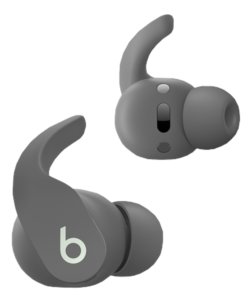 Graue Beats-Ohrhörer. Zwei Ohrhörer sind abgebildet, abgewinkelt, mit 'b'-Logo. Sie haben ein gebogenes Design.