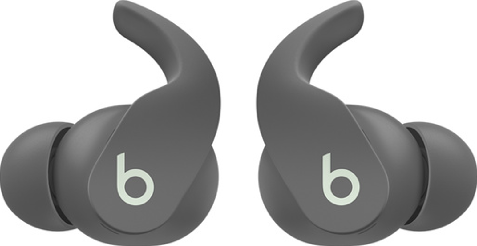Zwei graue Beats-Ohrhörer, für den Sport konzipiert, auf weißem Hintergrund.