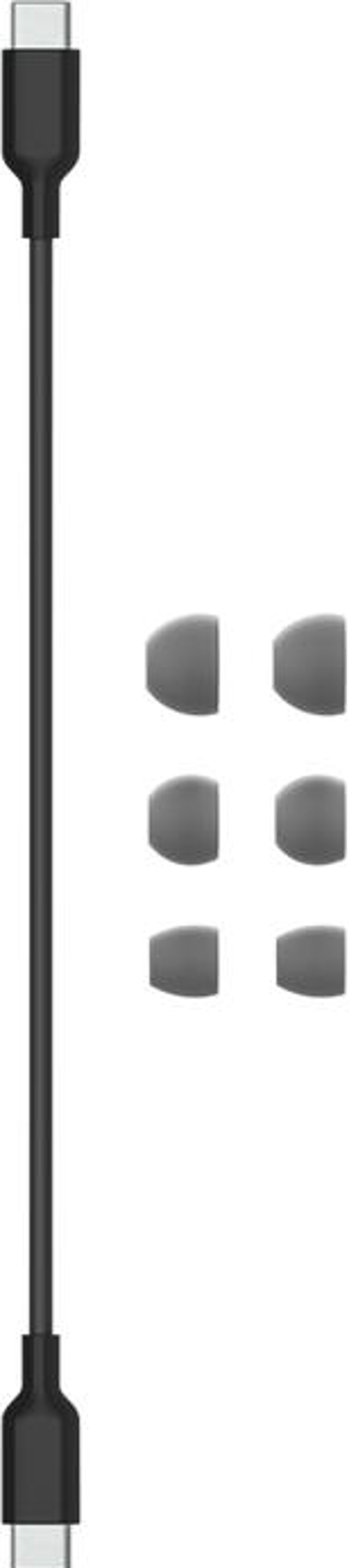 Kopfhörer-Zubehör. Schwarzes USB-C-Kabel und Ohrstöpsel, grau.