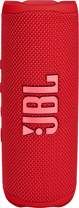 Een rode JBL-luidspreker met een getextureerd oppervlak en het JBL-logo in het wit.