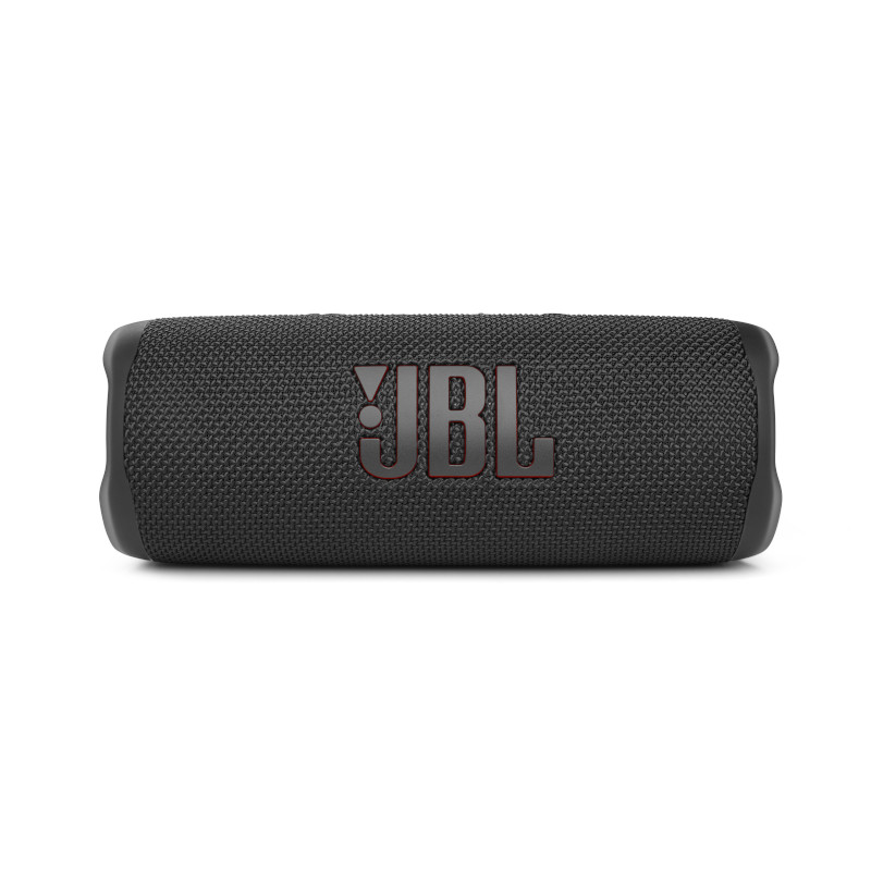 Black JBL portable speaker. Rectangular shape with JBL logo in red. Mesh-like texture visible.