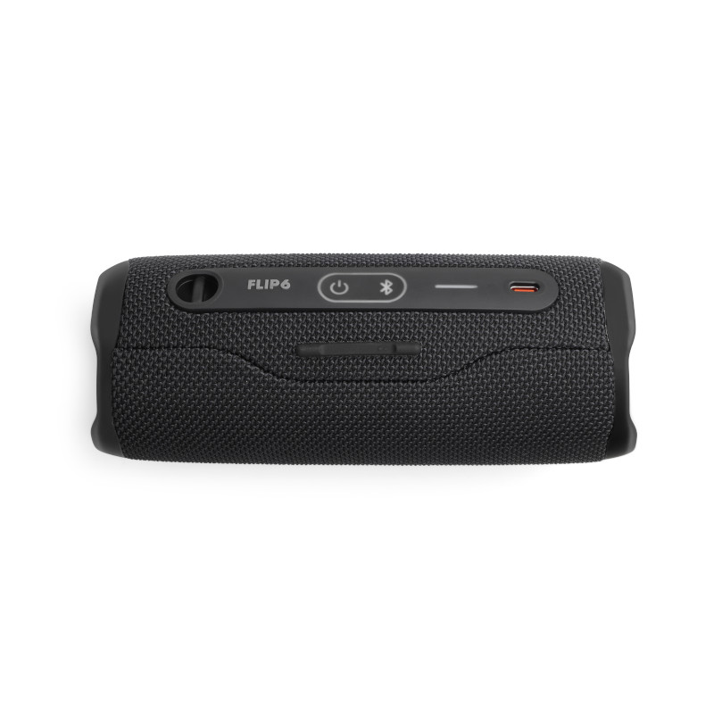 Black, cylindrical portable speaker. It has buttons and a charging port.