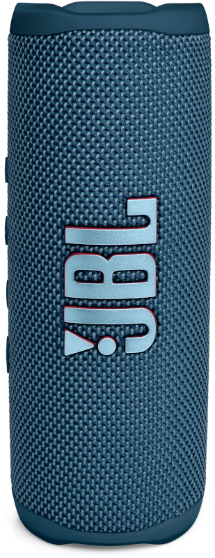 Een blauwe JBL-luidspreker. Hij is cilindrisch, met het JBL-logo. Hij heeft knoppen aan de zijkant en een mesh textuur.