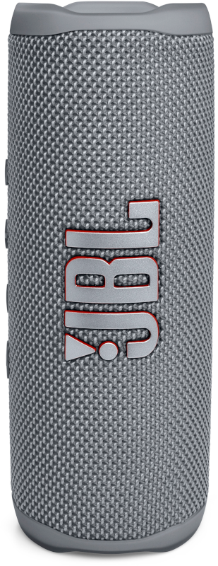 Een grijze JBL-luidspreker. Het JBL-logo is wit met een rode omtrek. De luidspreker heeft een getextureerd oppervlak.