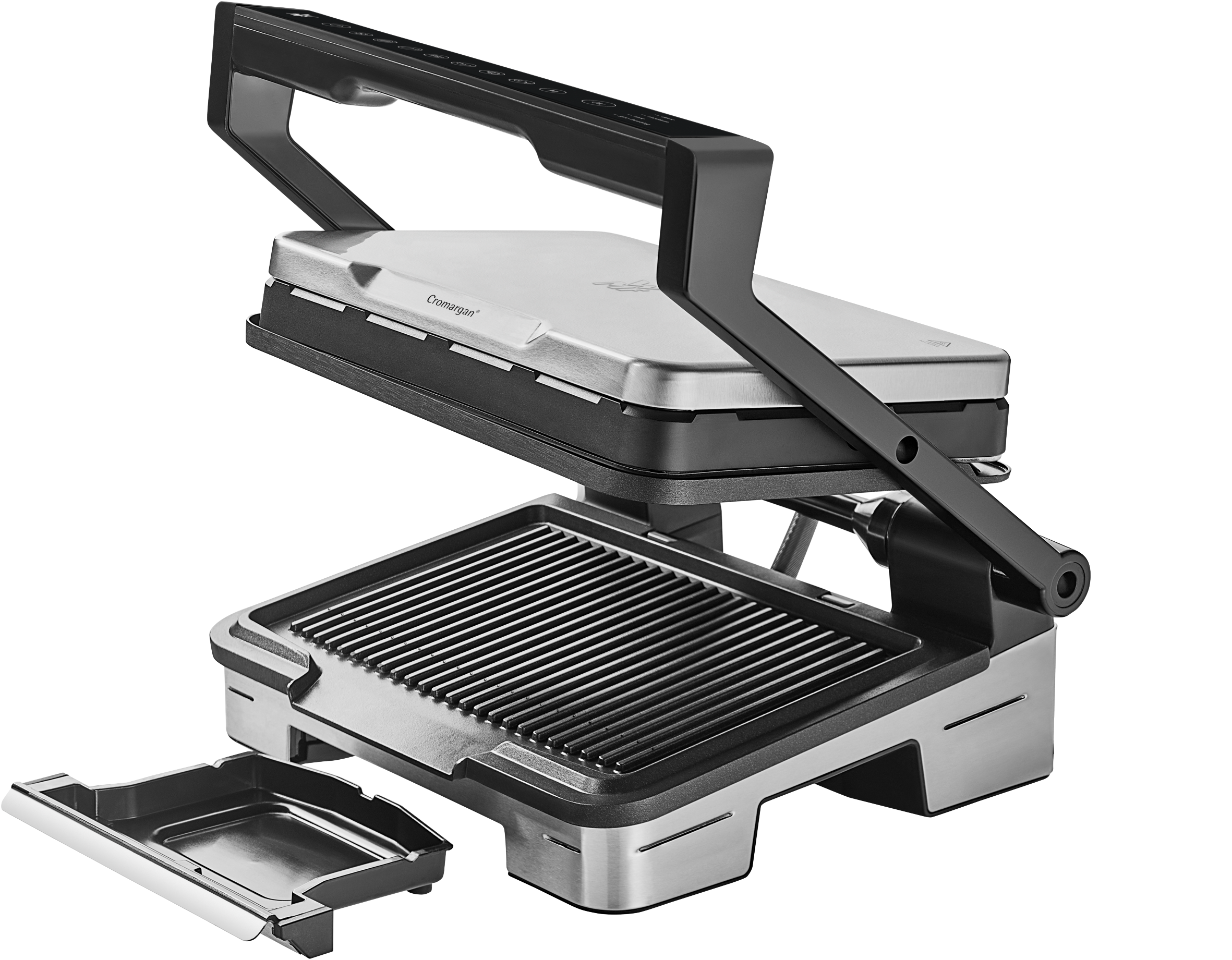 Eine Panini-Presse aus Edelstahl mit schwarzem Griff, geöffnet, um die Grillfläche zu zeigen.