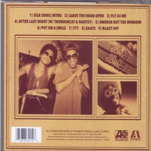 Rückseite des Silk Sonic-Albums. Zwei Männer mit Sonnenbrillen, Titelliste, kleine Fotocollage.