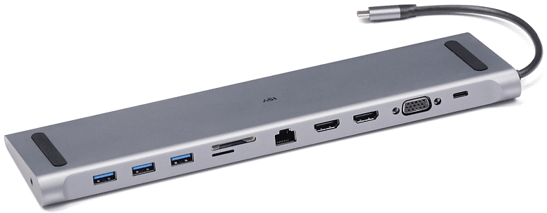 Station d'accueil argentée, avec plusieurs ports, dont USB, HDMI et Ethernet. Pads noirs sur le dessus.