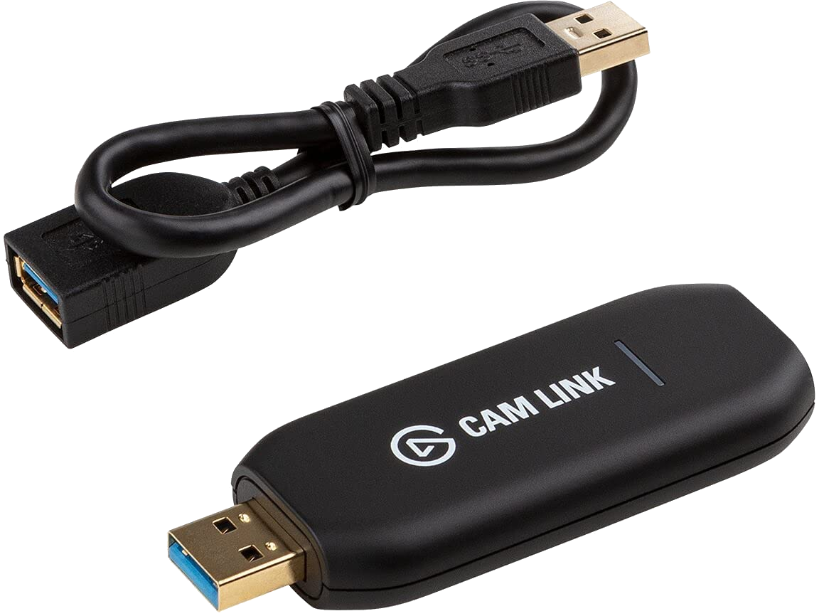 Egy fekete Cam Link USB eszköz USB-A és USB-C csatlakozóval, és egy fekete USB kábel.
