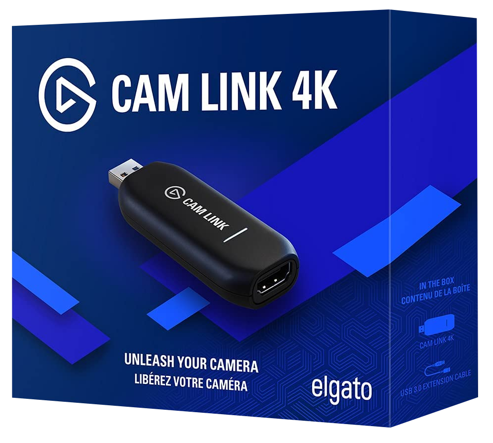 Doboz fekete eszközzel és szöveggel: CAM LINK 4K. Engedd szabadjára a kamerádat.