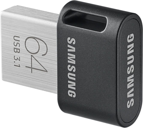 A silver and black USB flash drive with the '64' and 'SAMSUNG' logos.