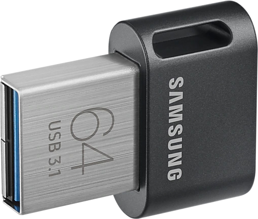 Silver and black USB drive.  