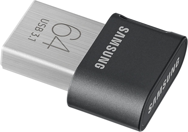 Silver and black Samsung USB drive, angled on white.
