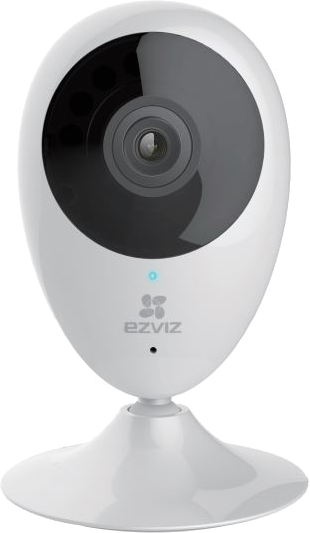 Een witte babyfooncamera op een witte basis. Er is een blauw licht aan de voorkant.