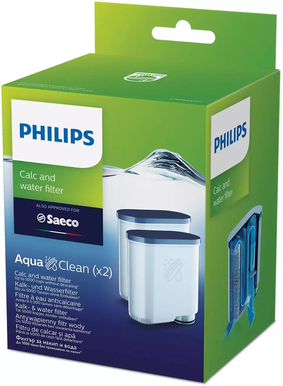 Boîte de filtres à eau Philips, deux filtres visibles.