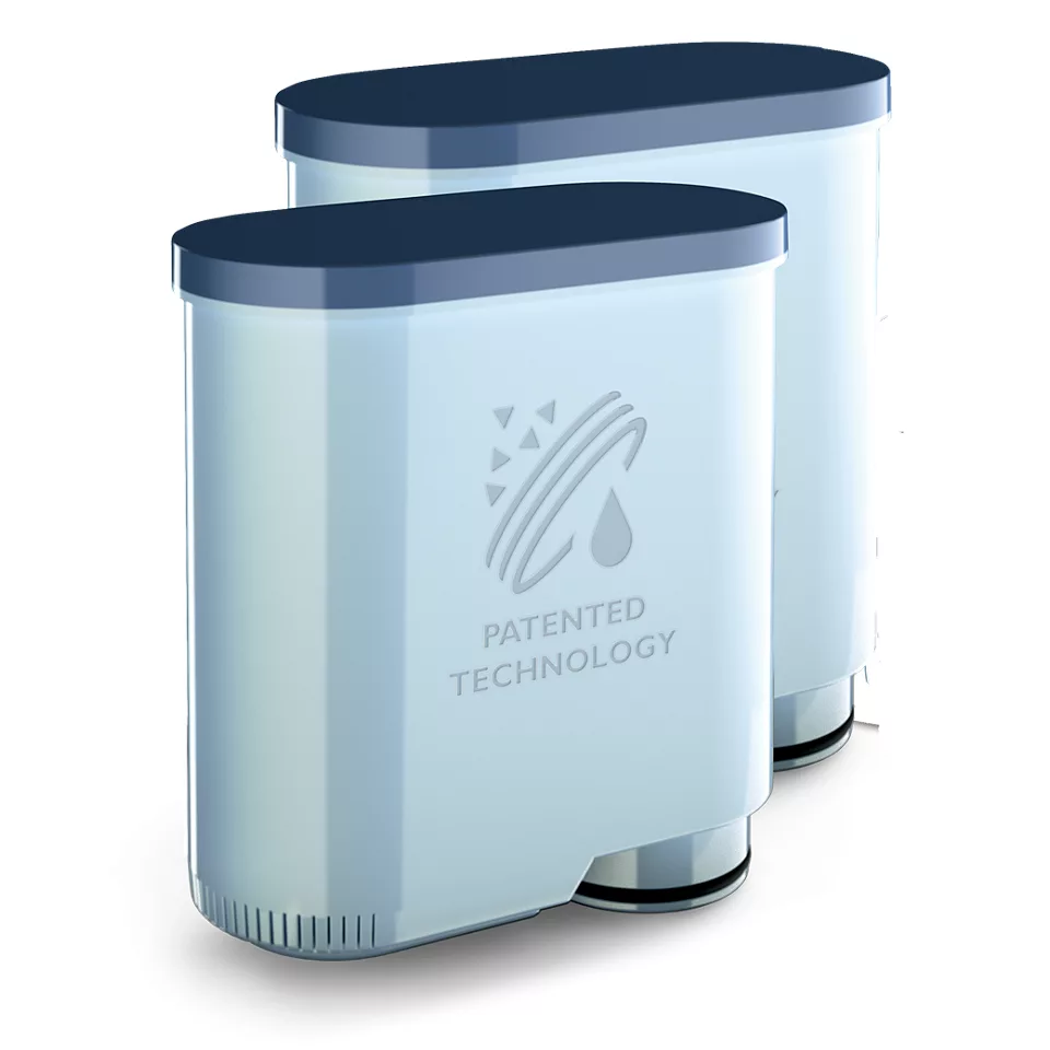 Deux cartouches de filtre à eau blanches avec des couvercles bleu foncé et le texte 'Patented Technology'.