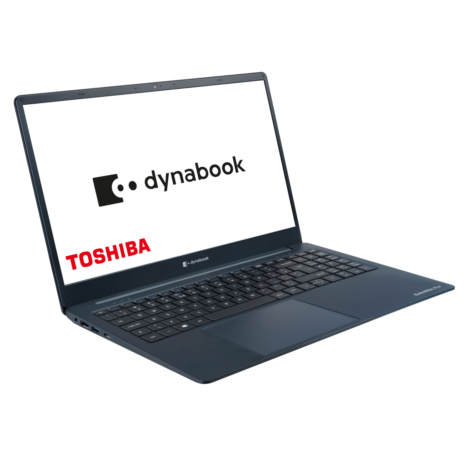 Un portátil con el logotipo de Dynabook y Toshiba en la pantalla. Carcasa azul.