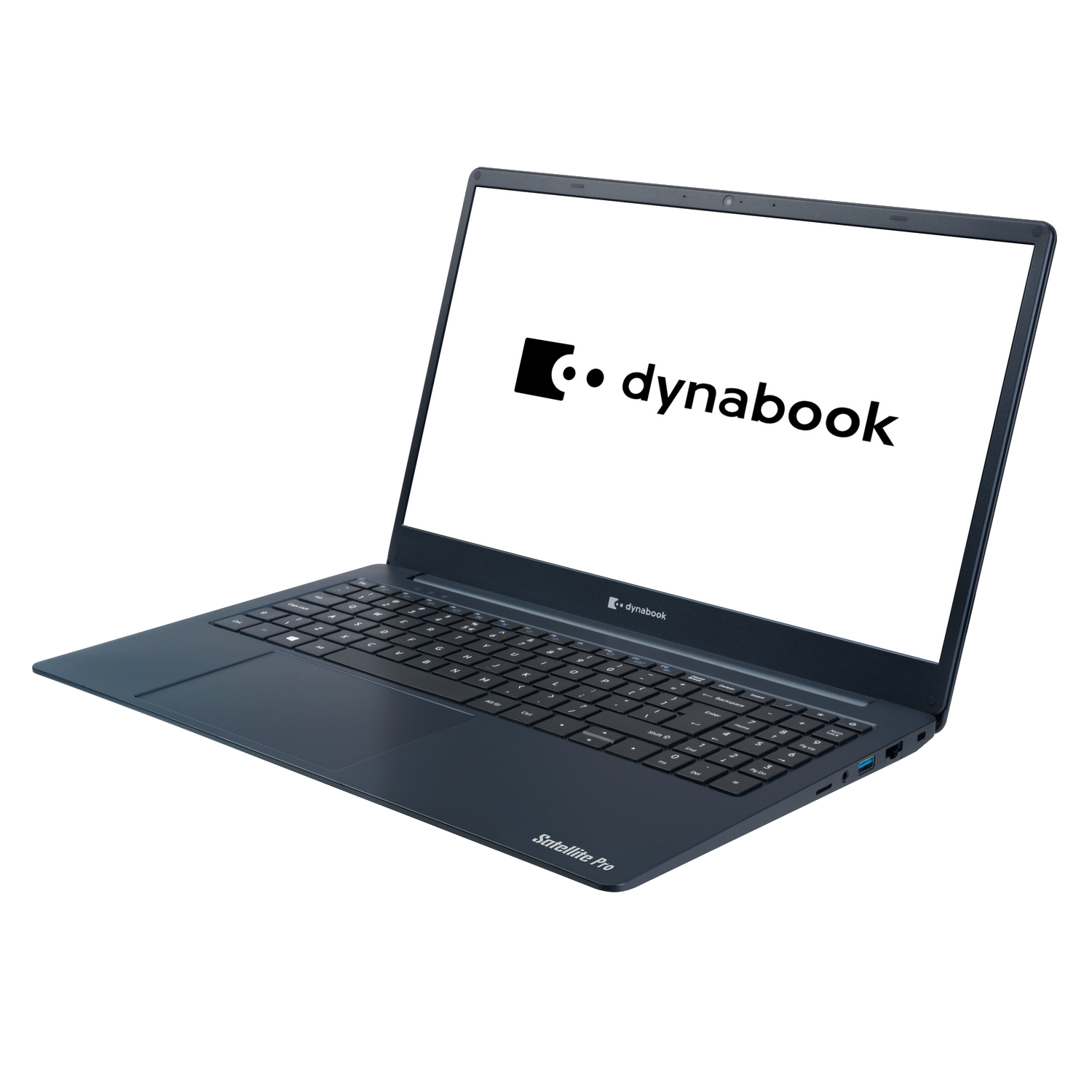 Un portátil Dynabook azul oscuro abierto sobre una superficie. La pantalla es blanca y muestra el logotipo de Dynabook.