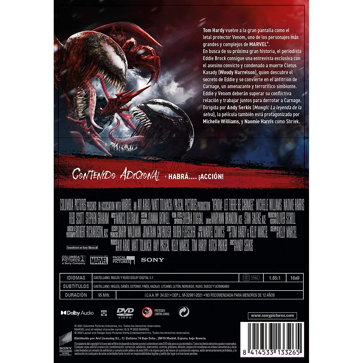 Portada de DVD con personajes Venom rojos y negros. El texto detalla la trama y el reparto de la película.