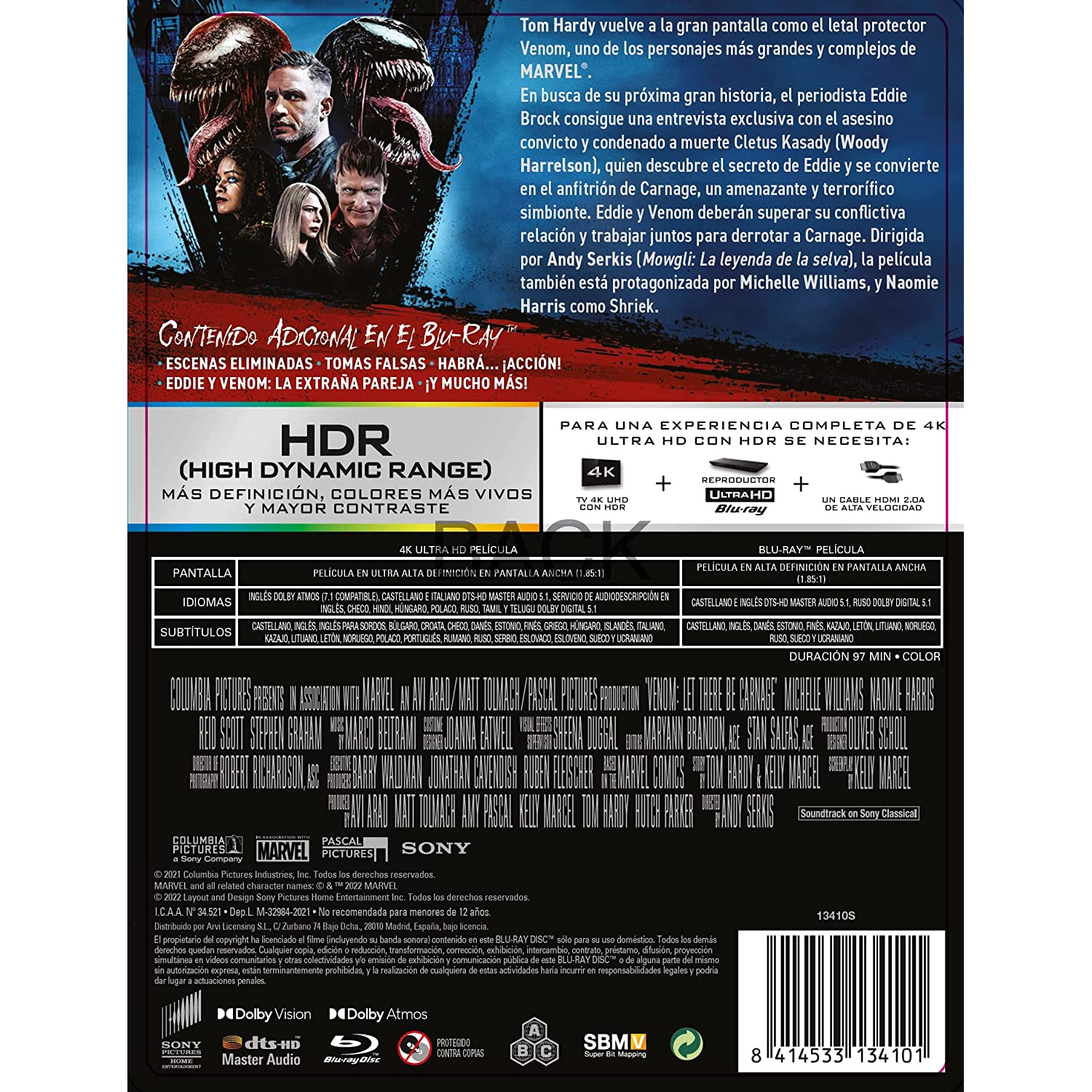 DVD de la película Venom: Let There Be Carnage. Muestra actores y sinopsis. Fondo azul.